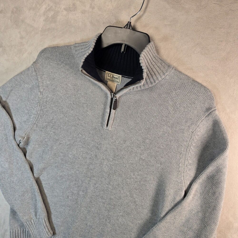 LL Bean Men's M Medium Regular 1/4 Zip Pullover Cotton Sweater Gray Navy